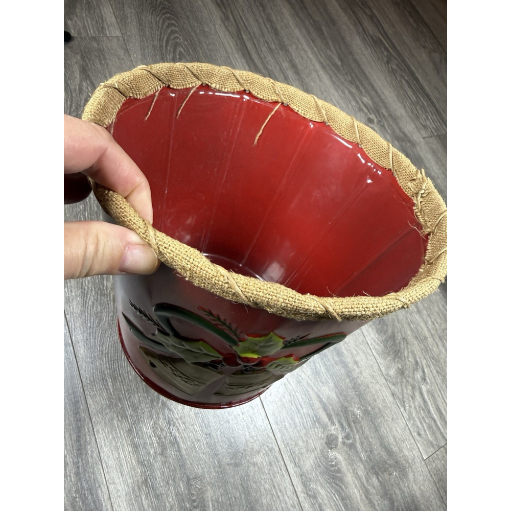 Christmas Red Metal Waste Basket Trash Can Burlap Rim Bells Holly 7 1/2” Tall - Picture 2 of 5